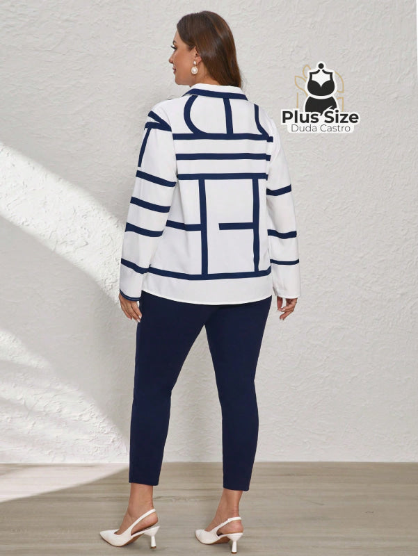 Conjunto de Legging e Blusa de Botões com Estampa Geométrica Plus Size Conjunto de Legging e Blusa de Botões com
