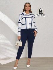 Conjunto de Legging e Blusa de Botões com Estampa Geométrica Plus Size Conjunto de Legging e Blusa de Botões com