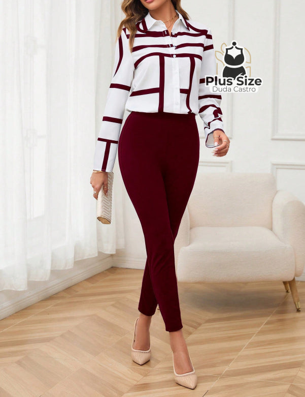 Conjunto de Legging e Blusa de Botões com Estampa Geométrica Plus Size Conjunto de Legging e Blusa de Botões com