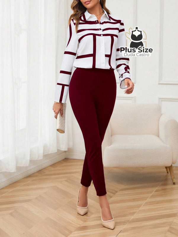 Conjunto de Legging e Blusa de Botões com Estampa Geométrica Plus Size Conjunto de Legging e Blusa de Botões com
