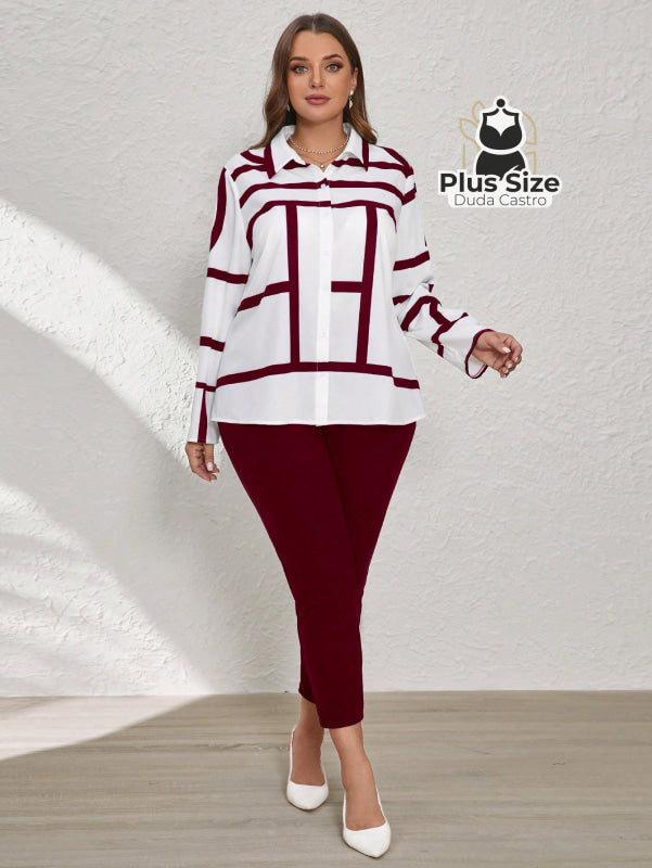 Conjunto de Legging e Blusa de Botões com Estampa Geométrica Plus Size Conjunto de Legging e Blusa de Botões com