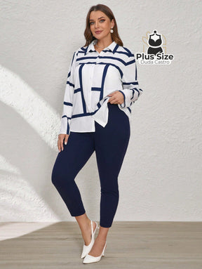 Conjunto de Legging e Blusa de Botões com Estampa Geométrica Plus Size Conjunto de Legging e Blusa de Botões com