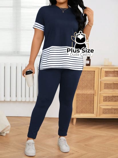 Conjunto De Legging E Blusa Várias Cores Plus Size G / Azul Marinho Calça