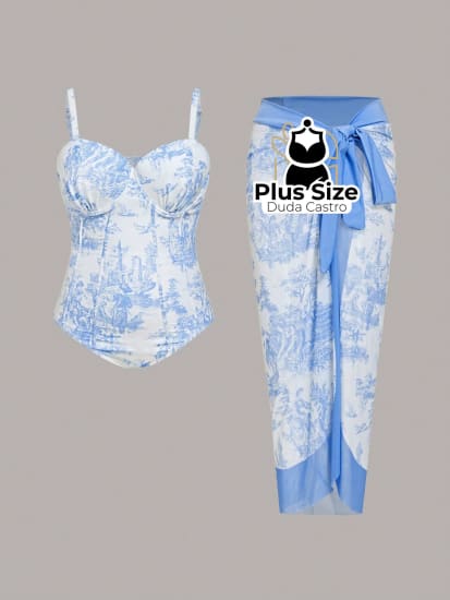 Conjunto De Maiô E Saída Praia Plus Size G / Azul Branco