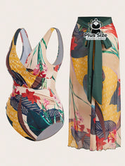 Conjunto De Maiô Plus Size De Manga Curta Com Estampa Flora E Saída Praia