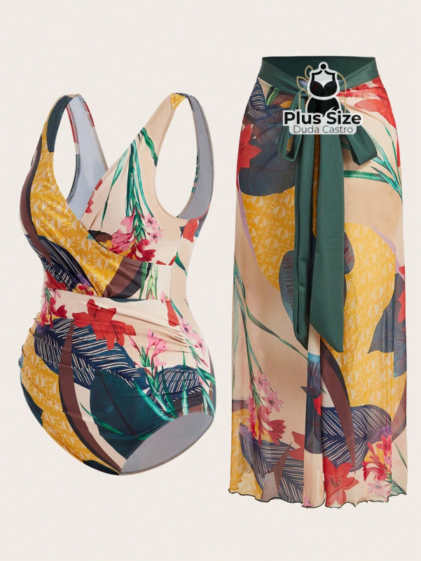 Conjunto De Maiô Plus Size De Manga Curta Com Estampa Flora E Saída Praia