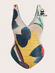 Conjunto De Maiô Plus Size De Manga Curta Com Estampa Flora E Saída Praia