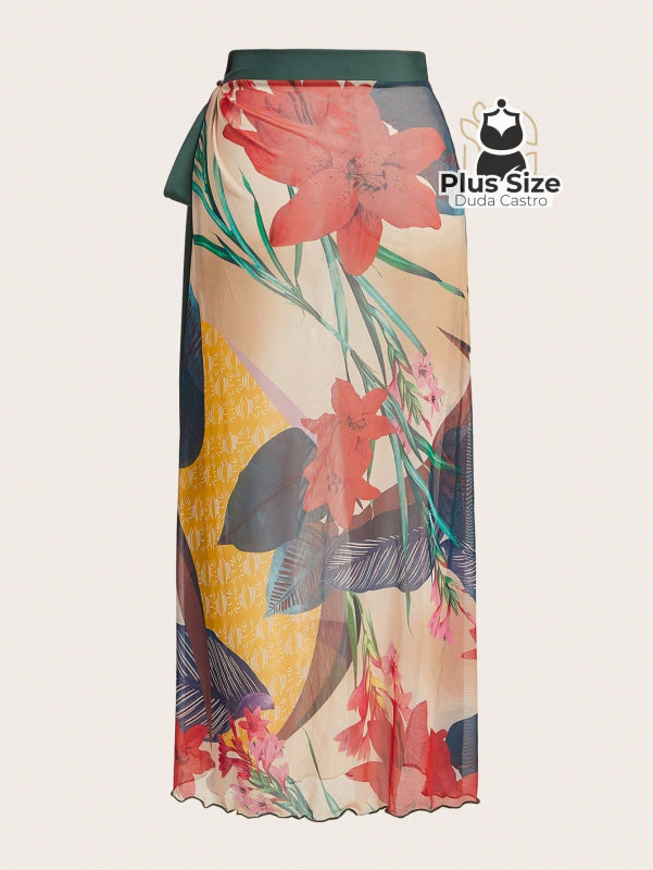 Conjunto De Maiô Plus Size De Manga Curta Com Estampa Flora E Saída Praia