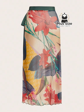 Conjunto De Maiô Plus Size De Manga Curta Com Estampa Flora E Saída Praia