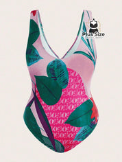 Conjunto De Maiô Plus Size De Manga Curta Com Estampa Flora E Saída Praia