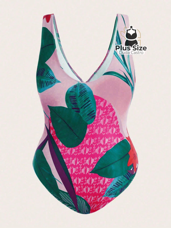 Conjunto De Maiô Plus Size De Manga Curta Com Estampa Flora E Saída Praia