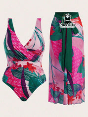 Conjunto De Maiô Plus Size De Manga Curta Com Estampa Flora E Saída Praia