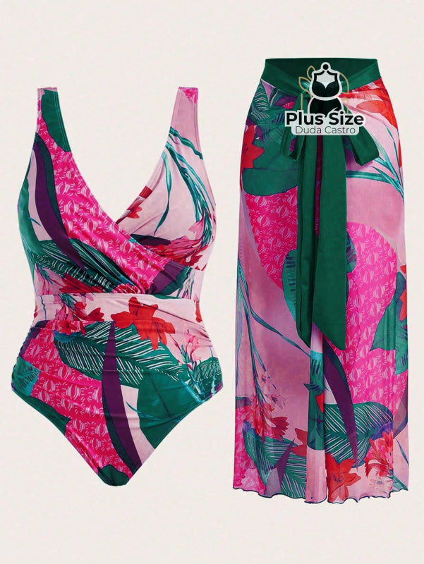 Conjunto De Maiô Plus Size De Manga Curta Com Estampa Flora E Saída Praia