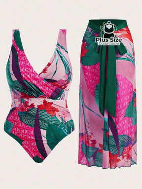 Conjunto De Maiô Plus Size De Manga Curta Com Estampa Flora E Saída Praia