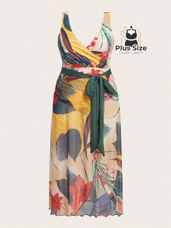 Conjunto De Maiô Plus Size De Manga Curta Com Estampa Flora E Saída Praia