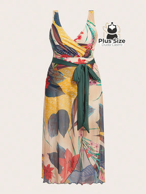 Conjunto De Maiô Plus Size De Manga Curta Com Estampa Flora E Saída Praia