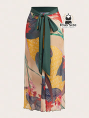 Conjunto De Maiô Plus Size De Manga Curta Com Estampa Flora E Saída Praia