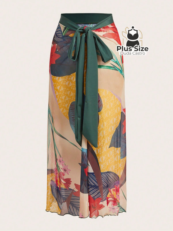 Conjunto De Maiô Plus Size De Manga Curta Com Estampa Flora E Saída Praia