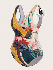 Conjunto De Maiô Plus Size De Manga Curta Com Estampa Flora E Saída Praia