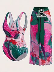 Conjunto De Maiô Plus Size De Manga Curta Com Estampa Flora E Saída Praia