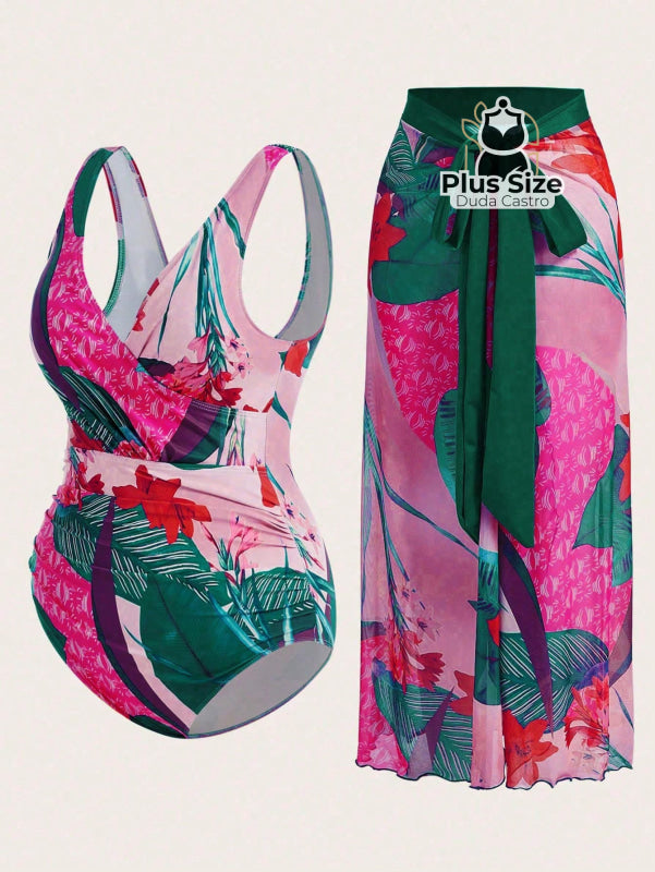 Conjunto De Maiô Plus Size De Manga Curta Com Estampa Flora E Saída Praia