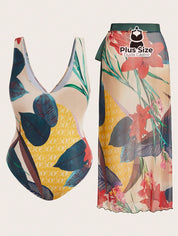 Conjunto De Maiô Plus Size De Manga Curta Com Estampa Flora E Saída Praia