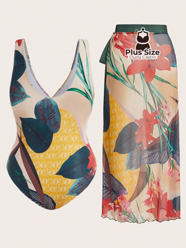 Conjunto De Maiô Plus Size De Manga Curta Com Estampa Flora E Saída Praia
