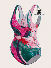 Conjunto De Maiô Plus Size De Manga Curta Com Estampa Flora E Saída Praia
