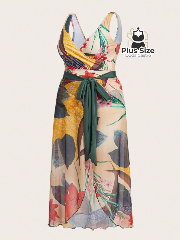 Conjunto De Maiô Plus Size De Manga Curta Com Estampa Flora E Saída Praia