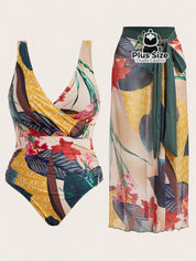 Conjunto De Maiô Plus Size De Manga Curta Com Estampa Flora E Saída Praia