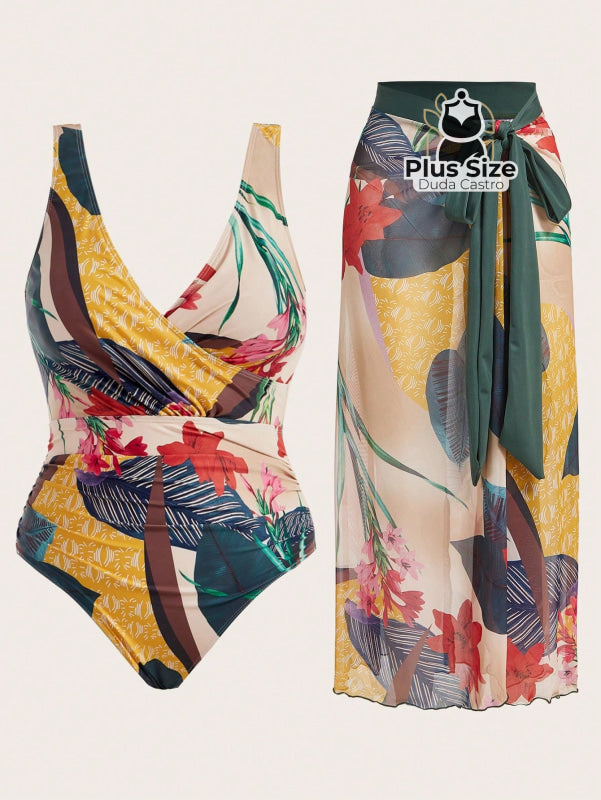 Conjunto De Maiô Plus Size De Manga Curta Com Estampa Flora E Saída Praia