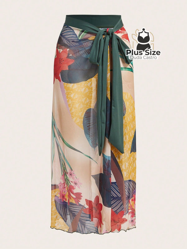 Conjunto De Maiô Plus Size De Manga Curta Com Estampa Flora E Saída Praia