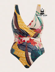 Conjunto De Maiô Plus Size De Manga Curta Com Estampa Flora E Saída Praia