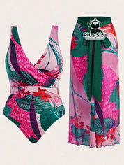 Conjunto De Maiô Plus Size De Manga Curta Com Estampa Flora E Saída Praia G / Multicolorido