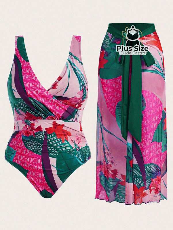 Conjunto De Maiô Plus Size De Manga Curta Com Estampa Flora E Saída Praia G / Multicolorido