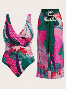 Conjunto De Maiô Plus Size De Manga Curta Com Estampa Flora E Saída Praia G / Multicolorido