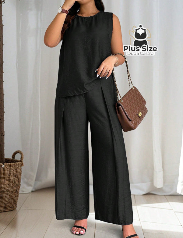 Conjunto De Regata E Calça Pernas Largas Em Viscose Poliamida Plus Size