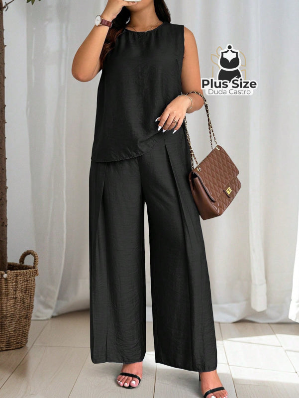 Conjunto De Regata E Calça Pernas Largas Em Viscose Poliamida Plus Size