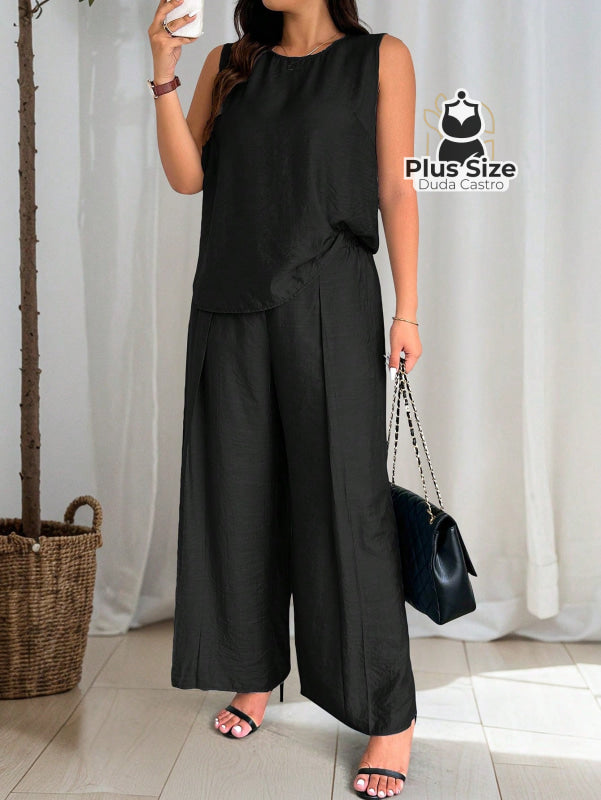 Conjunto De Regata E Calça Pernas Largas Em Viscose Poliamida Plus Size