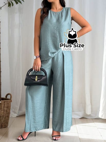 Conjunto De Regata E Calça Pernas Largas Em Viscose Poliamida Plus Size G / Azul