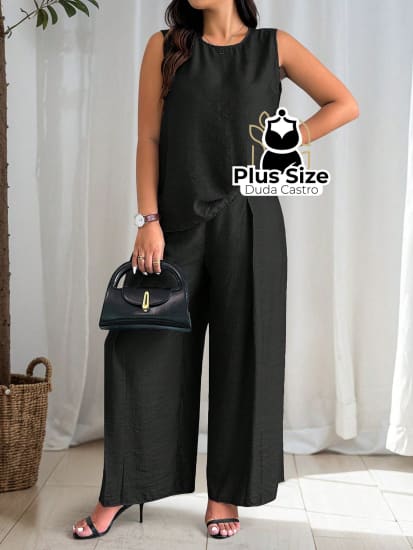 Conjunto De Regata E Calça Pernas Largas Em Viscose Poliamida Plus Size G / Preto