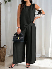 Conjunto De Regata E Calça Pernas Largas Em Viscose Poliamida Plus Size G / Preto