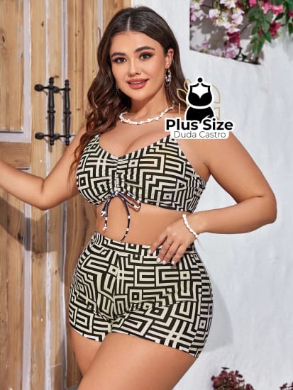 Conjunto De Saída E Bikini Com Estampa Geométrica Em 3 Peças Plus Size