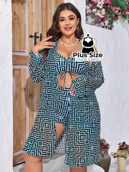 Conjunto De Saída E Bikini Com Estampa Geométrica Em 3 Peças Plus Size