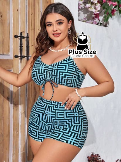 Conjunto De Saída E Bikini Com Estampa Geométrica Em 3 Peças Plus Size