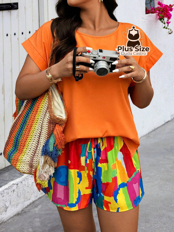 Conjunto de Short Estampado e Blusa Lisa Diversas Cores Plus Size G / Laranja Conjunto de Short Estampado e Blusa Lisa