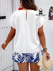 Conjunto de Short Estampado e Blusa Lisa Várias Cores Plus Size Conjunto de Short Estampado e Blusa Lisa Várias Cores