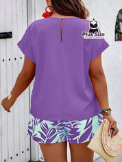 Conjunto de Short Estampado e Blusa Lisa Várias Cores Plus Size Conjunto de Short Estampado e Blusa Lisa Várias Cores