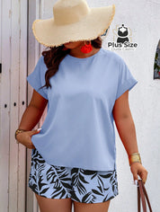 Conjunto de Short Estampado e Blusa Lisa Várias Cores Plus Size G / Azul com Preto Conjunto de Short Estampado e Blusa