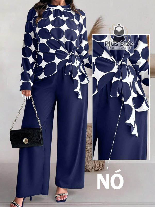 Conjunto Elegante com Blusa Longa Estampada e Calça lisa Várias Cores Plus Size G / Azul Marinho Conjunto Elegante com